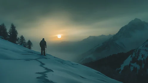 Solitary mountaineer observes misted alpine sunset in winter