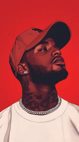 Digital portrait of tattooed man in cap on red ground.