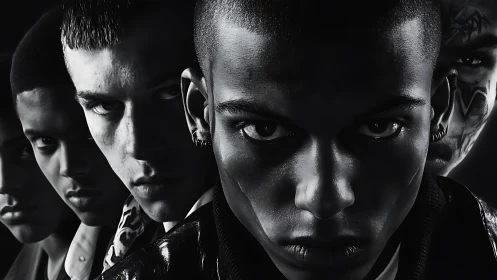 Chromatic noir portrait line-up with intense male faces, frontal