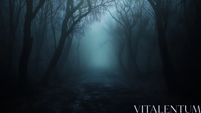 Foggy forest path at night with silhouetted bare trees.