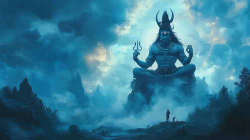 Majestic blue deity meditates above misty mountain valley