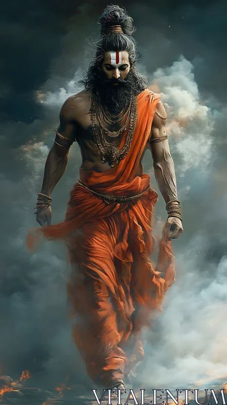 Fiery sage strides through swirling smoke with calm power