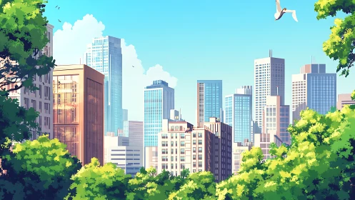 Sunlit high-rise skyline framed by dense foreground park foliage