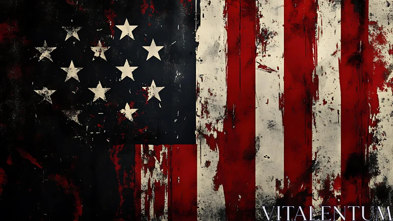 Battle-scarred stars and stripes in gritty abstract twilight.