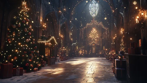 Gothic cathedral interior with illuminated Christmas decor.