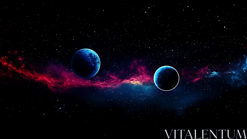 Twin blue planets aligned over chromatic nebula band.
