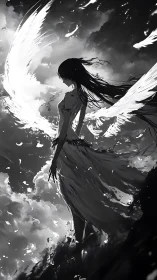 Monochrome winged figure rendered with dynamic high contrast lighting