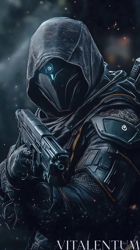 Mysterious sci fi ranger stands ready in glowing battle armor.