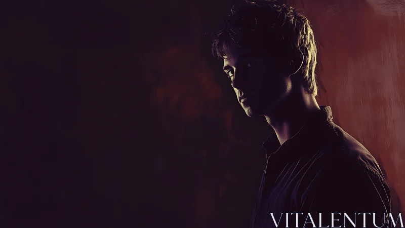 Moody low key portrait of young man in shadowed profile.