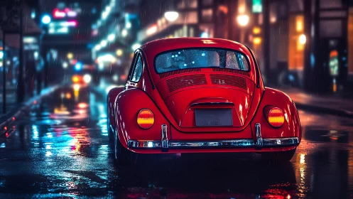 Crimson vintage car glows against a rainy neon city night