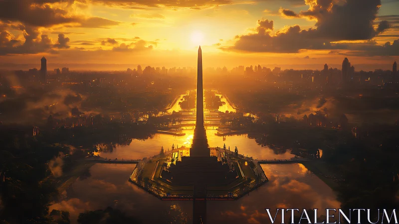 Symmetrical river city skyline with central obelisk at dusk.