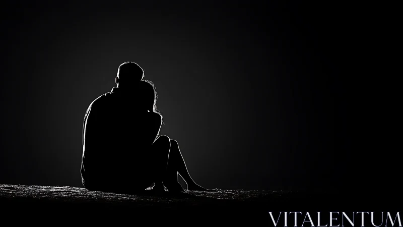 Silhouetted figures in intimate moment against dark background.