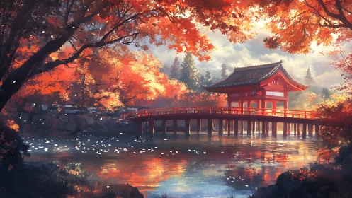 Red bridge and pavilion across reflective autumn lake scene.