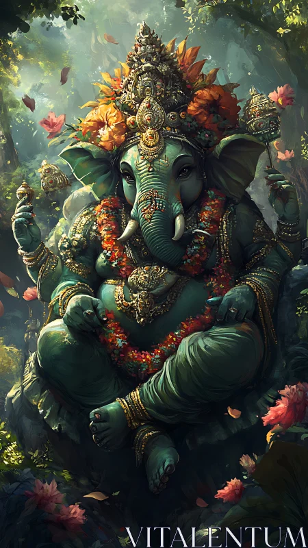 Divine elephant deity in lush forest with ornate golden regalia.