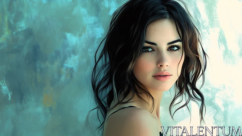 Digital portrait of young woman against teal painterly ground