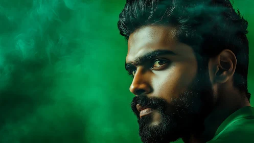 Intense male portrait against vivid green smoky backdrop.