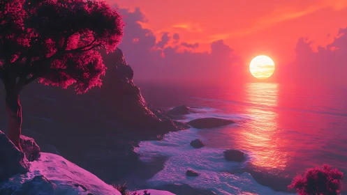 Sunset illuminates stylized rocky coast and pink foliage