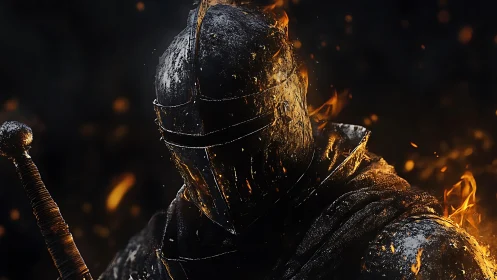 Burnished knight silhouette engulfed in cinematic embers.