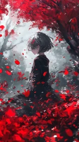 Solitary figure stands amid red foliage in misty forest