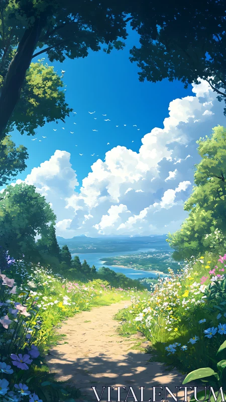 Sunlit wildflower path opening toward a dreaming coastal valley.