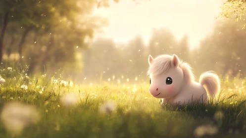 Gentle baby pony resting in a dreamy sunlit meadow.