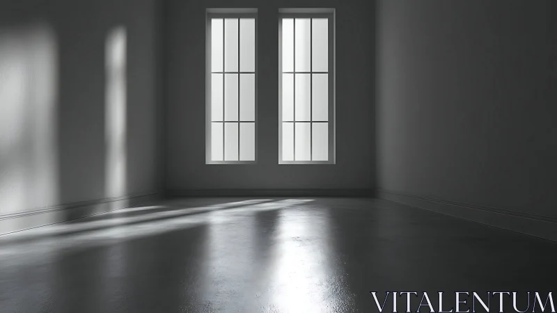 Minimalist empty room with twin vertical windows and hard light