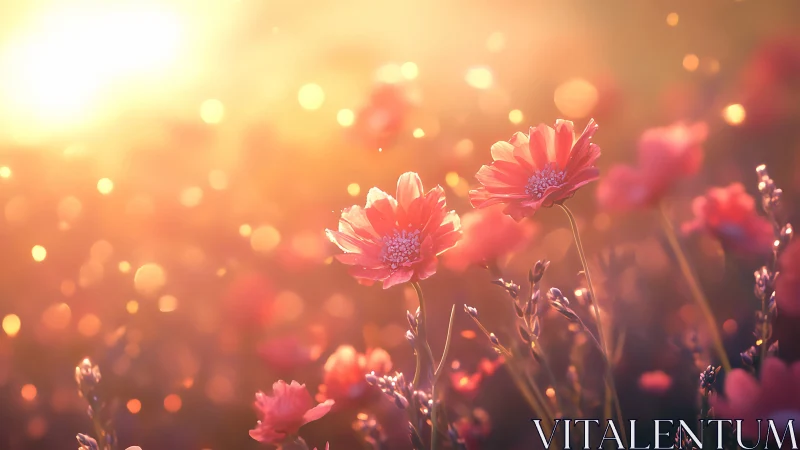 Pink Gerbera Daisies in Soft Focus Golden Light Setting.