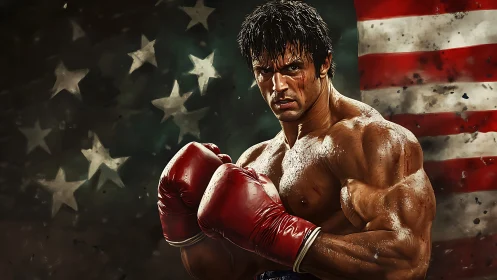 American Boxer Fighter Posed Against US Flag