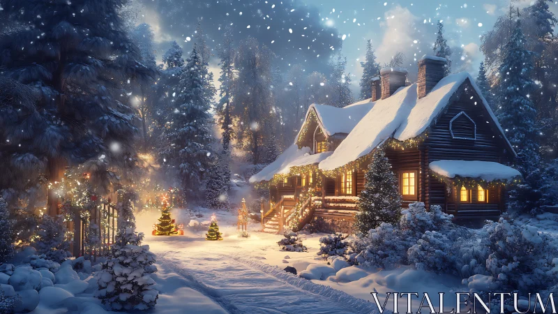 Snow-laden cabin with festive lights in tranquil forest dusk.