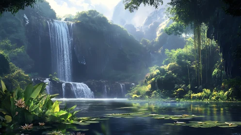 Cascading rainforest waterfall rendered in luminous digital realism