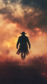 Cowboy silhouette strides through cinematic burning dusk.