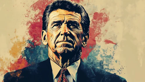 Stylized male portrait against textured color background.