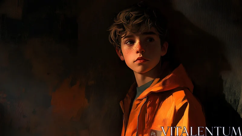 Cinematic digital portrait of freckled boy in orange jacket