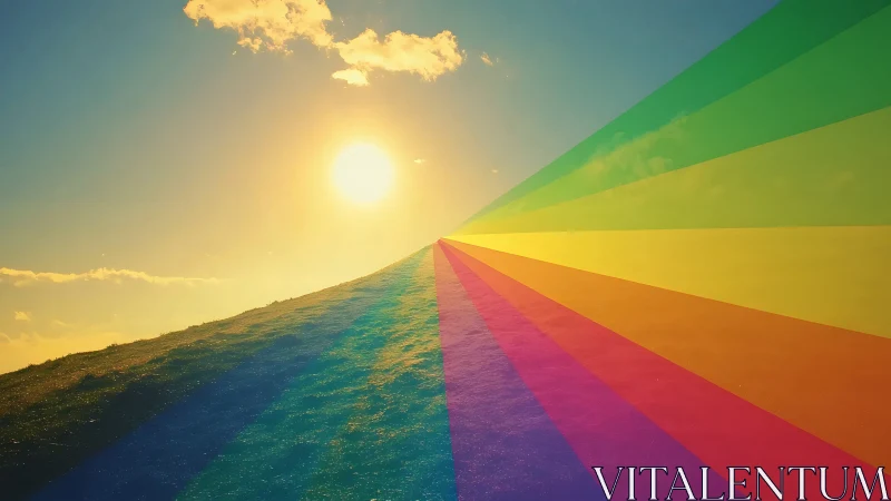 Sunlit hillside slices daylight into bold digital rainbows