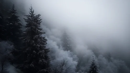Snow-laden fir forest rising into dense mountain fog.