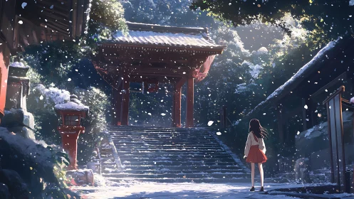 Snowfall illuminates stepped shrine approach with backlit anime figure