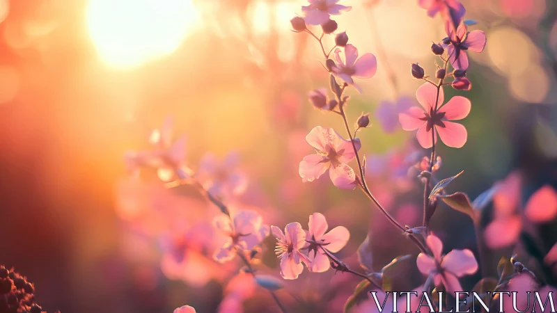 Sunlit Pink Flowers with Golden Hour Bokeh Background