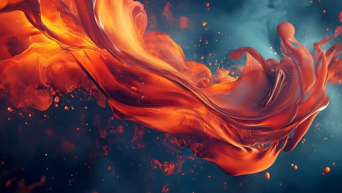 Molten orange fluid ribbon arcs through deep teal void.