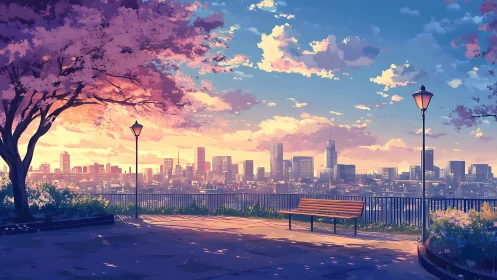 Sunset park overlook with cherry blossoms and distant skyline