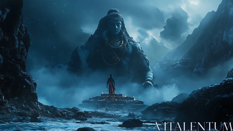 Colossal Shiva statue towers above lone pilgrim in misty mountains.
