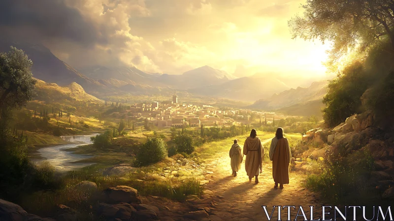 Sunlit pilgrims walking toward distant valley town at dawn.