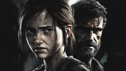 Digital portrait of two serious figures in low lighting.