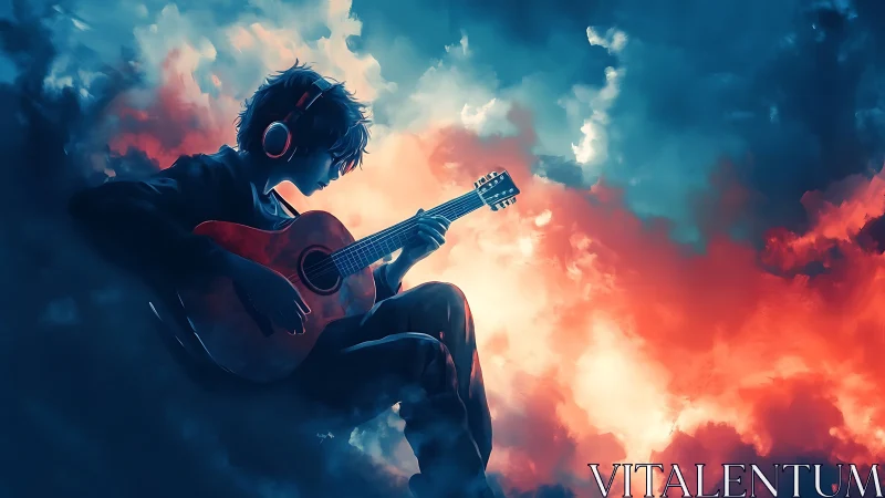 Skybound guitarist drifting through neon ember clouds.