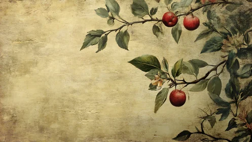 Ornamental apple branches rendered on aged textured parchment ground