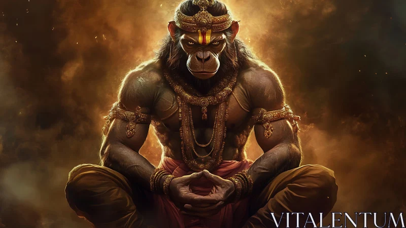 Divine warrior monkey god sits in blazing golden aura.
