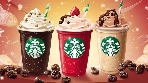 Starbucks whipped frappuccino trio in glowing dessert display.