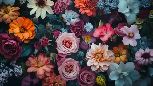 Floral arrangement overhead view on dark background.