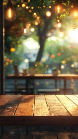 Wooden table surface under warm bistro string lights at dusk