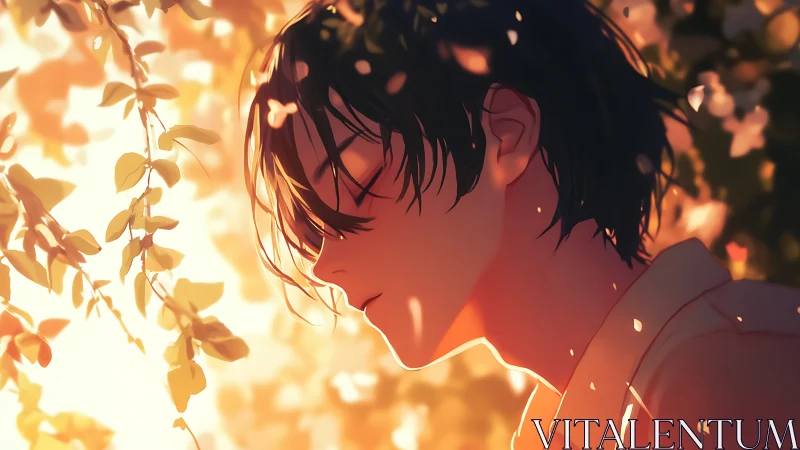 Sunlit quiet moment with soft falling petals and calm eyes.