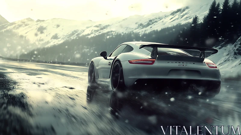 Performance coupe powers through icy alpine mountain pass.